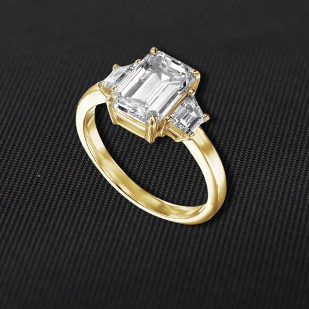 2 Ct Moissanite Engagement Ring Three Stone Emerald Cut 18k Gold Plated 8 NWT